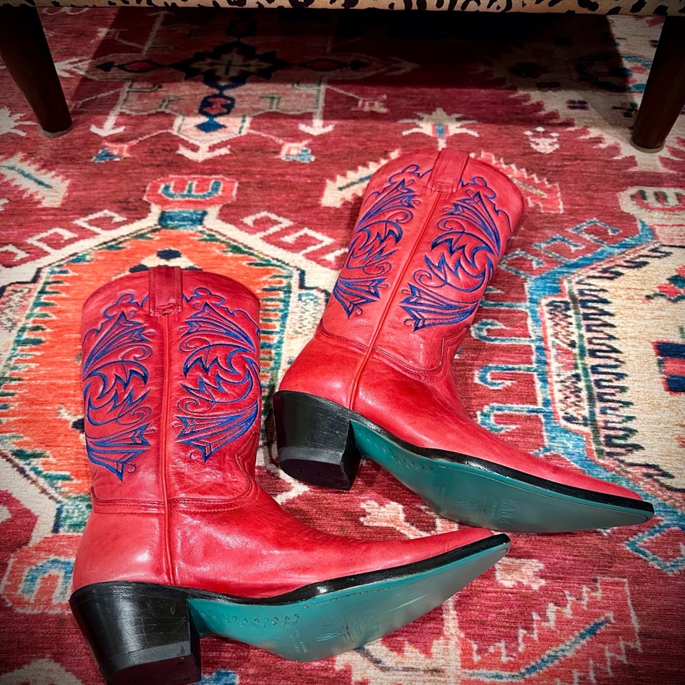 Red And Blue Embroidered Heeled Boots - image 3